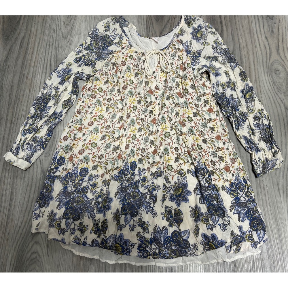 Free People Womens Floral Long Sleeve Boho Mini Dress Rayon M Cream Blue Multi
